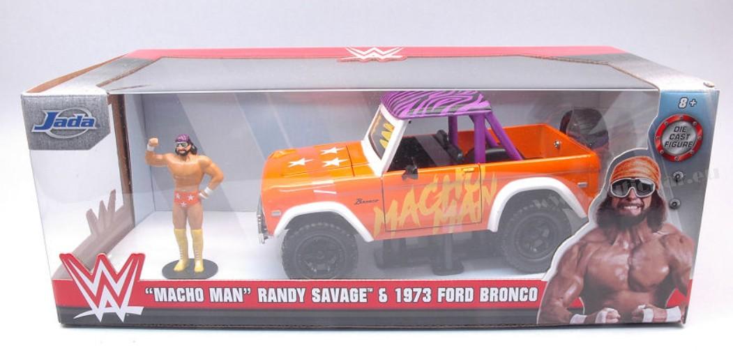 FORD BRONCO 1973 W/MACHO MAN FIGURE ORANGE/PURPLE/WHITE 1:24