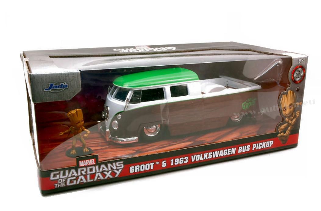 VW BUS PICK UP GUARDIANS OF THE GALAXY BROWN/WHITE 1963 W/GROOT 1:24